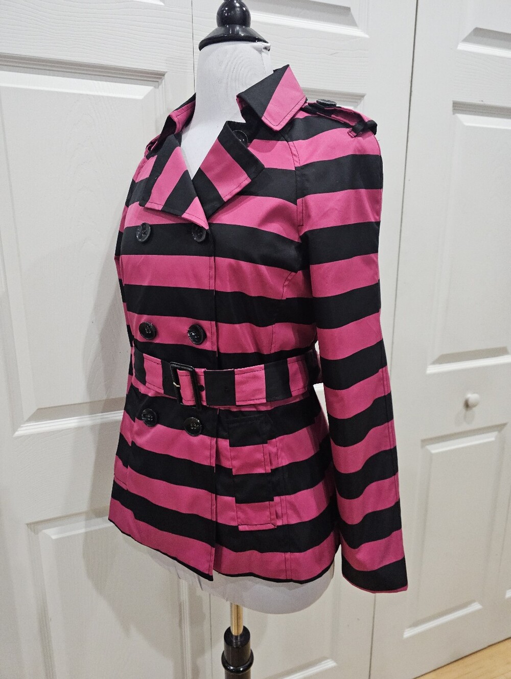 Cynthia Rowley Black Pink Striped Double Bressted Button Rain Jacket Coat Trench - Picture 9 of 16